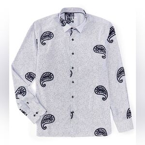 Visconti Men's Blue Stretch Stripe Paisley Long Sleeve Woven Shirt Size L